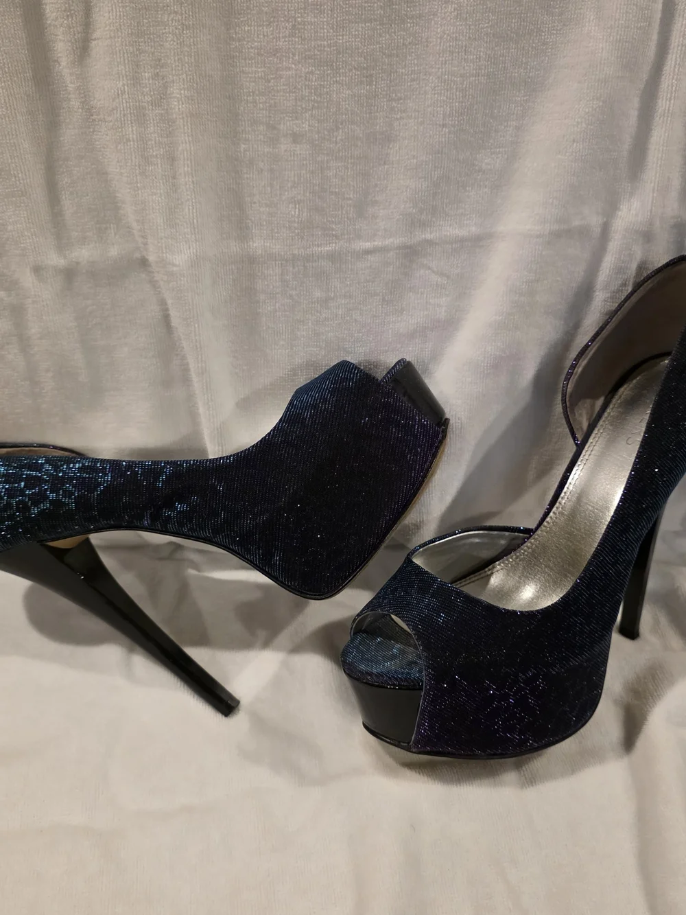 Women’s Open-Toe High Heel Pumps in Deep Navy Glitter